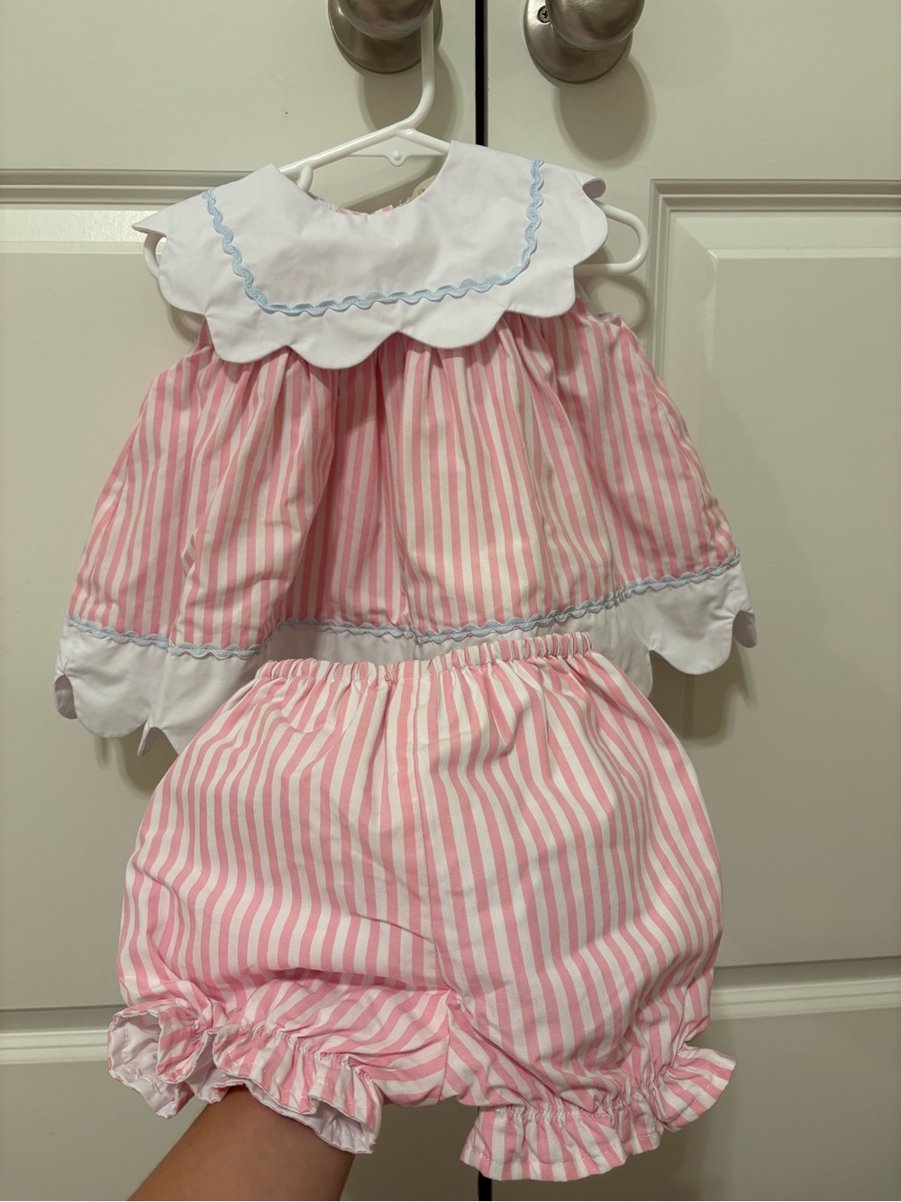 TBBC Pink & White Striped Baby Two-Piece Set with Blue Trim